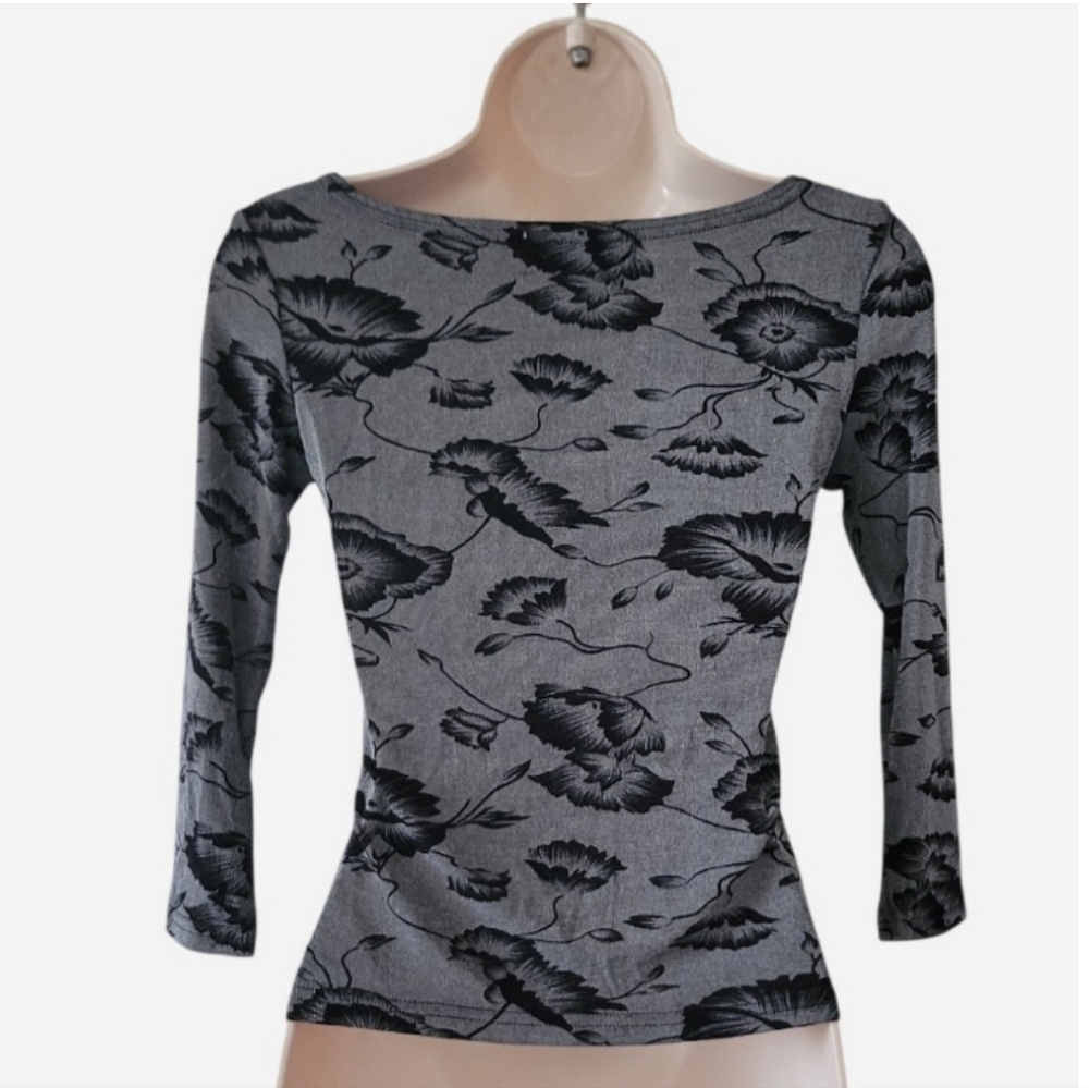 Whimsigoth Vintage Gray and Black Floral Top with Three Quarter Inch Sleeves - Picture 2 of 5